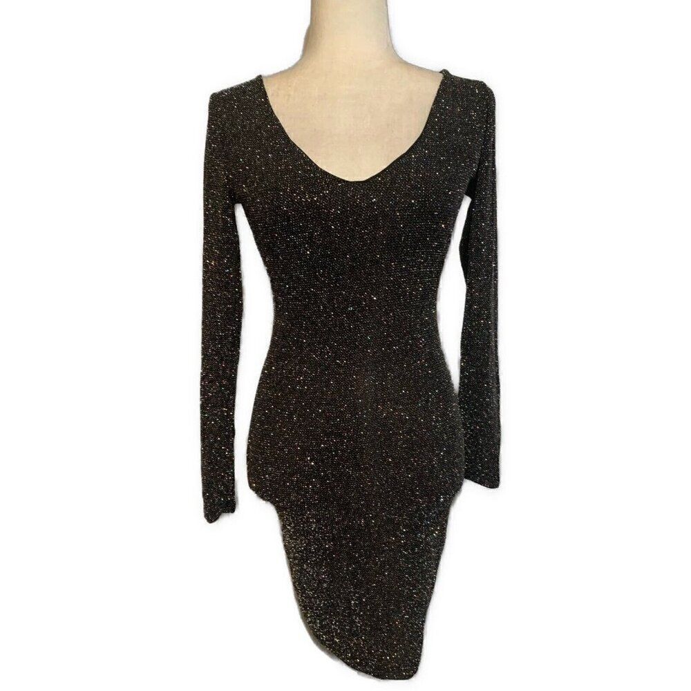 Sabora Black Party Bodycon Glitter Metallic Nylon Long Sleeve Mini Dress Small